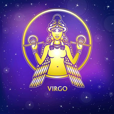 Başak burcu. Sümer mitolojisindeki karakter. Altın taklidi. Vektör çizim. Arka plan - gece yıldızlı gökyüzü.