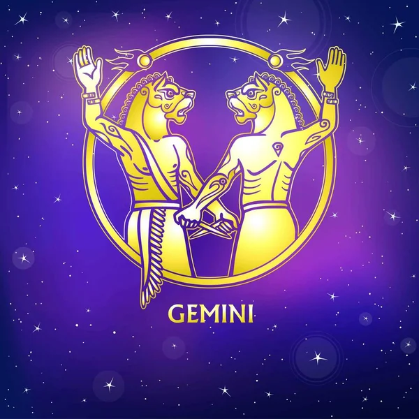 Zodiac sign Gemini. Character of Sumerian mythology. Gold imitation. Vector illustration. Background - the night star sky. — 스톡 벡터