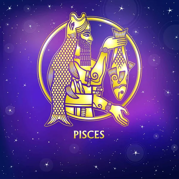 Zodiac sign Pisces. Character of Sumerian mythology. Gold imitation. Vector illustration.Background - the night star sky. — Stock Vector