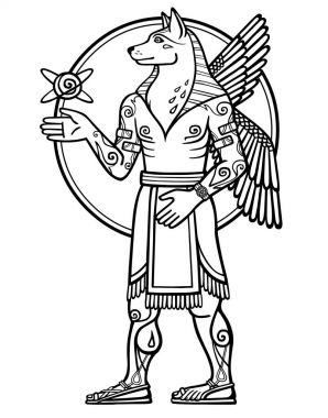 Fantastik resim bir kanatlı köpek, mitolojik karakter, yeni yıl zodyak sembolü. Siyah ve beyaz çizim motifler beyaz bir arka plan üzerinde izole Sümer sanatının temel. Vektör çizim.