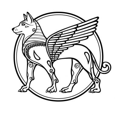 Fantastik resim bir kanatlı köpek, mitolojik karakter, yeni yıl zodyak sembolü. Siyah ve beyaz çizim motifler beyaz bir arka plan üzerinde izole Sümer sanatının temel. Vektör çizim.