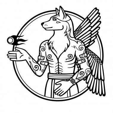 Fantastik resim bir kanatlı köpek, mitolojik karakter, yeni yıl zodyak sembolü. Siyah ve beyaz çizim motifler beyaz bir arka plan üzerinde izole Sümer sanatının temel. Vektör çizim.