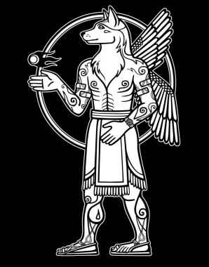 Fantastik resim bir kanatlı köpek, mitolojik karakter, yeni yıl zodyak sembolü. Siyah bir arka plan üzerinde izole Sümer sanatı motifleri dayalı çizim beyaz. Tam büyüme. Vektör çizim.