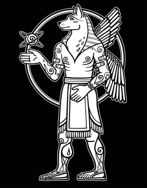 Fantastik resim bir kanatlı köpek, mitolojik karakter, yeni yıl zodyak sembolü. Siyah bir arka plan üzerinde izole Sümer sanatı motifleri dayalı çizim beyaz. Tam büyüme. Vektör çizim.