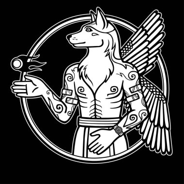 Fantastik resim bir kanatlı köpek, mitolojik karakter, yeni yıl zodyak sembolü. Siyah bir arka plan üzerinde izole Sümer sanatı motifleri dayalı çizim beyaz. Vektör çizim.