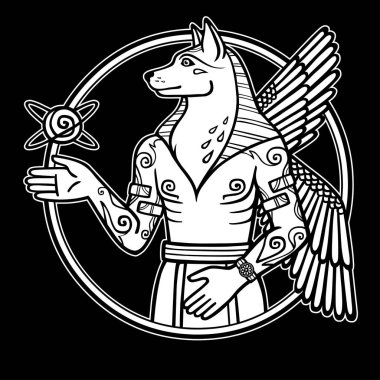 Fantastik resim bir kanatlı köpek, mitolojik karakter, yeni yıl zodyak sembolü. Siyah bir arka plan üzerinde izole Sümer sanatı motifleri dayalı çizim beyaz. Vektör çizim.