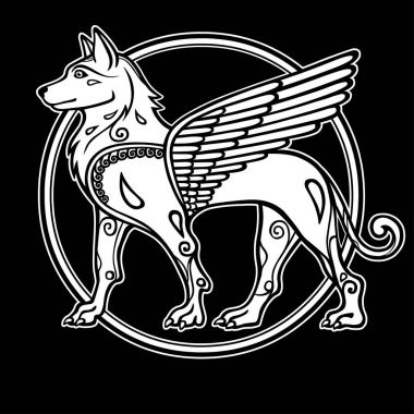 Fantastik resim bir kanatlı köpek, mitolojik karakter, yeni yıl zodyak sembolü. Siyah bir arka plan üzerinde izole Sümer sanatı motifleri dayalı çizim beyaz. Vektör çizim.