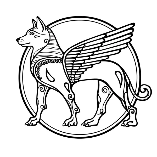 Fantastik resim bir kanatlı köpek, mitolojik karakter, yeni yıl zodyak sembolü. Siyah ve beyaz çizim motifler beyaz bir arka plan üzerinde izole Sümer sanatının temel. Vektör çizim.
