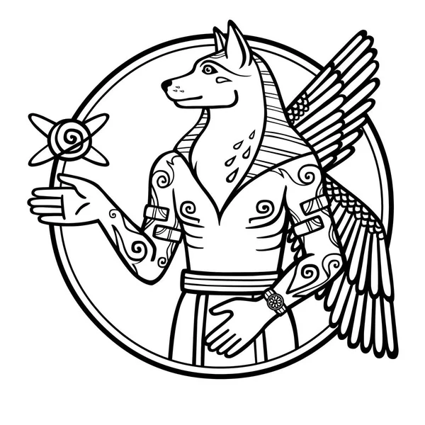 Fantastik resim bir kanatlı köpek, mitolojik karakter, yeni yıl zodyak sembolü. Siyah ve beyaz çizim motifler beyaz bir arka plan üzerinde izole Sümer sanatının temel. Vektör çizim.