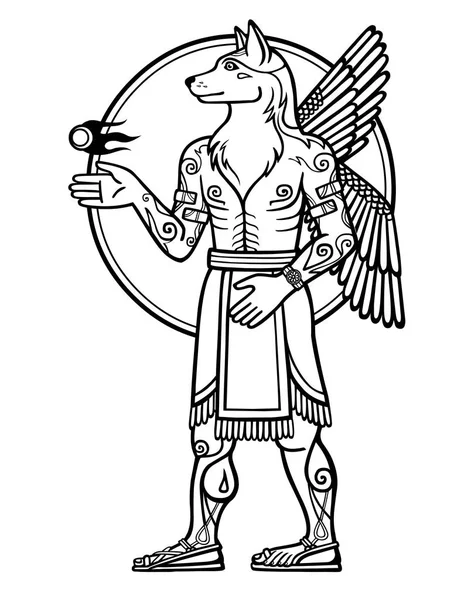 Fantastik resim bir kanatlı köpek, mitolojik karakter, yeni yıl zodyak sembolü. Siyah ve beyaz çizim motifler beyaz bir arka plan üzerinde izole Sümer sanatının temel. Vektör çizim.