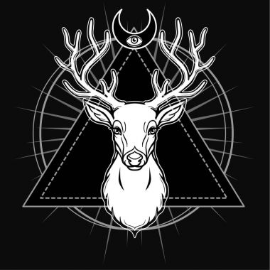 Boynuzlu geyik, kutsal geometri, semboller ayın başkanı mistik görüntüsü. İzole bir siyah arka plan üzerine beyaz çizim. Vektör çizim. Baskı, potser, t-shirt, kart.