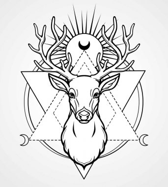 Boynuzlu geyik, kutsal geometri, semboller ayın başkanı mistik görüntüsü. Siyah çizim gri bir arka plan üzerinde izole. Vektör çizim. Baskı, potser, t-shirt, kart.
