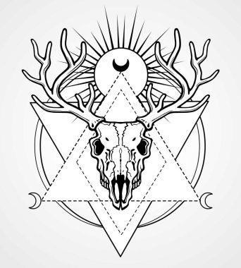 Mistik görüntü boynuzlu geyik, kutsal geometri, semboller ayın kafatası. Siyah çizim gri bir arka plan üzerinde izole. Vektör çizim. Baskı, potser, t-shirt, kart.