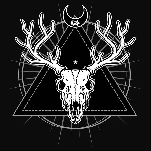 Mystical Image Skull Horned Deer Sacred Geometry Symbols Moon White — Stock Vector