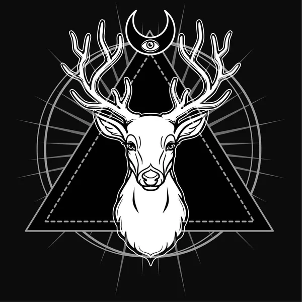 Mystical Image Head Horned Deer Sacred Geometry Symbols Moon White — Stock Vector