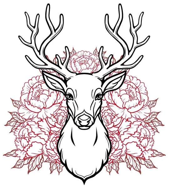 線形若い角のある鹿 透かし彫りの赤い花の頭の図面します ベクター グラフィックは 白い背景で隔離 Potser シャツ カード印刷 — ストックベクタ