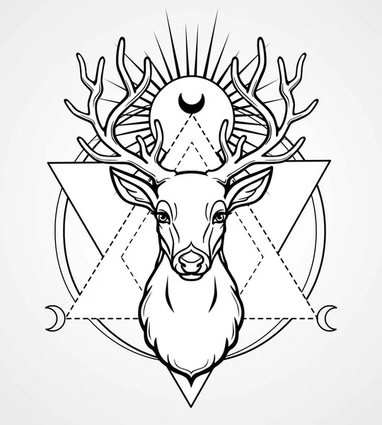Mystical Image Head Horned Deer Sacred Geometry Symbols Moon Black — Stock Vector
