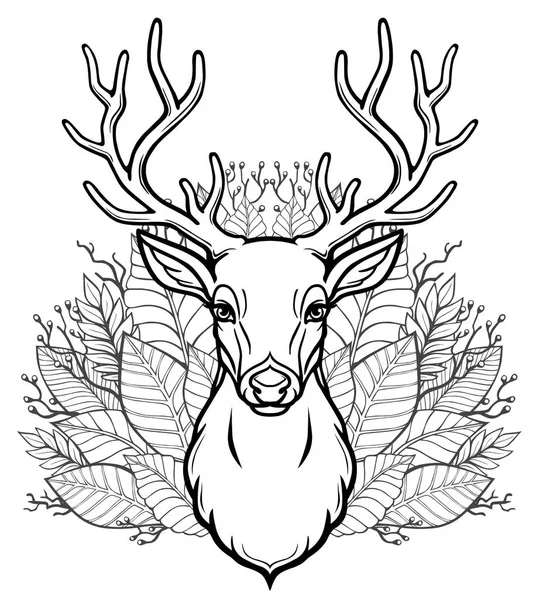 Linear Drawing Head Young Horned Deer Bouquet Leaves Vector Illustration — Stock Vector