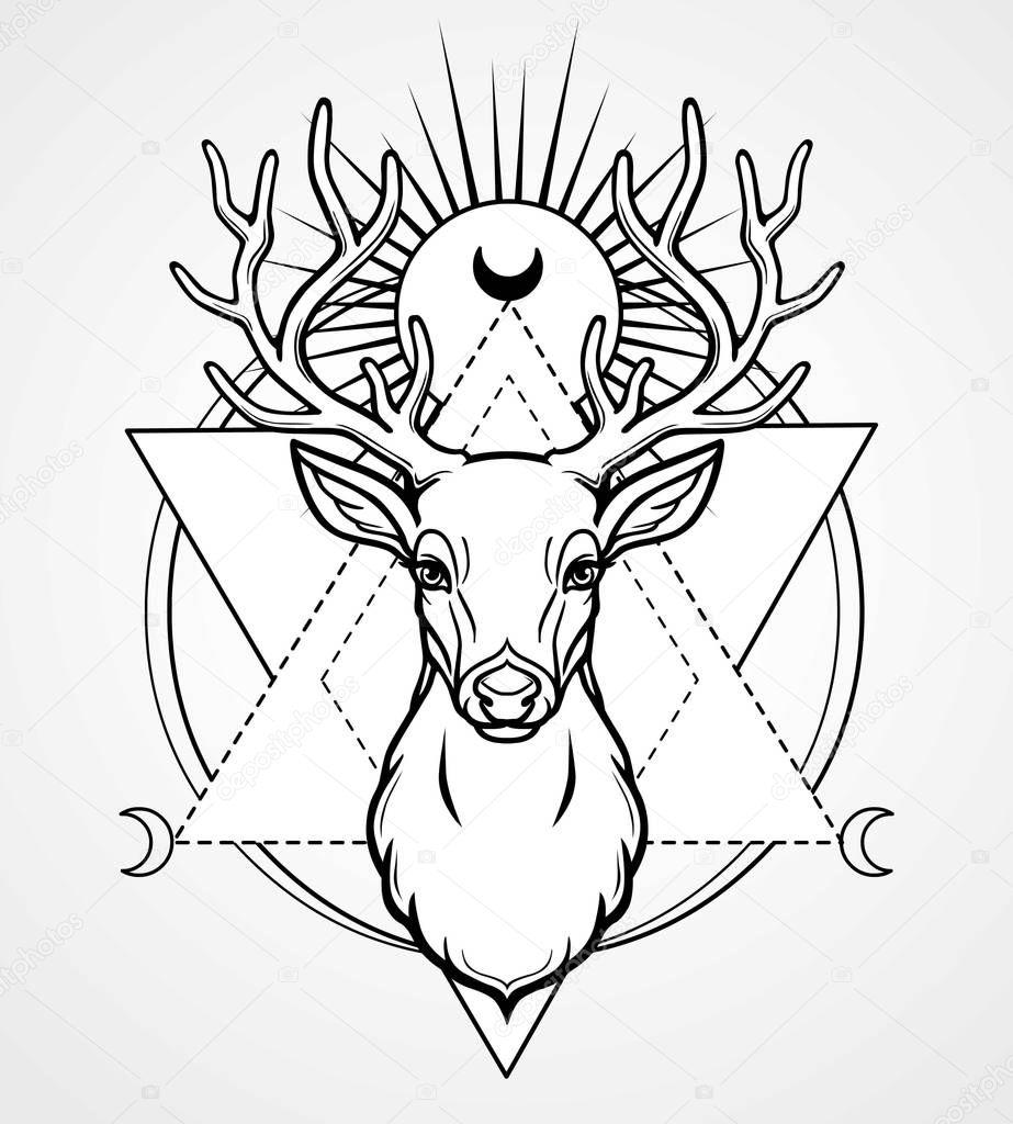 Mystical image of the head of a horned deer, sacred geometry, symbols of the moon. Black drawing isolated on a gray background. Vector illustration. Print, potser, t-shirt, card.