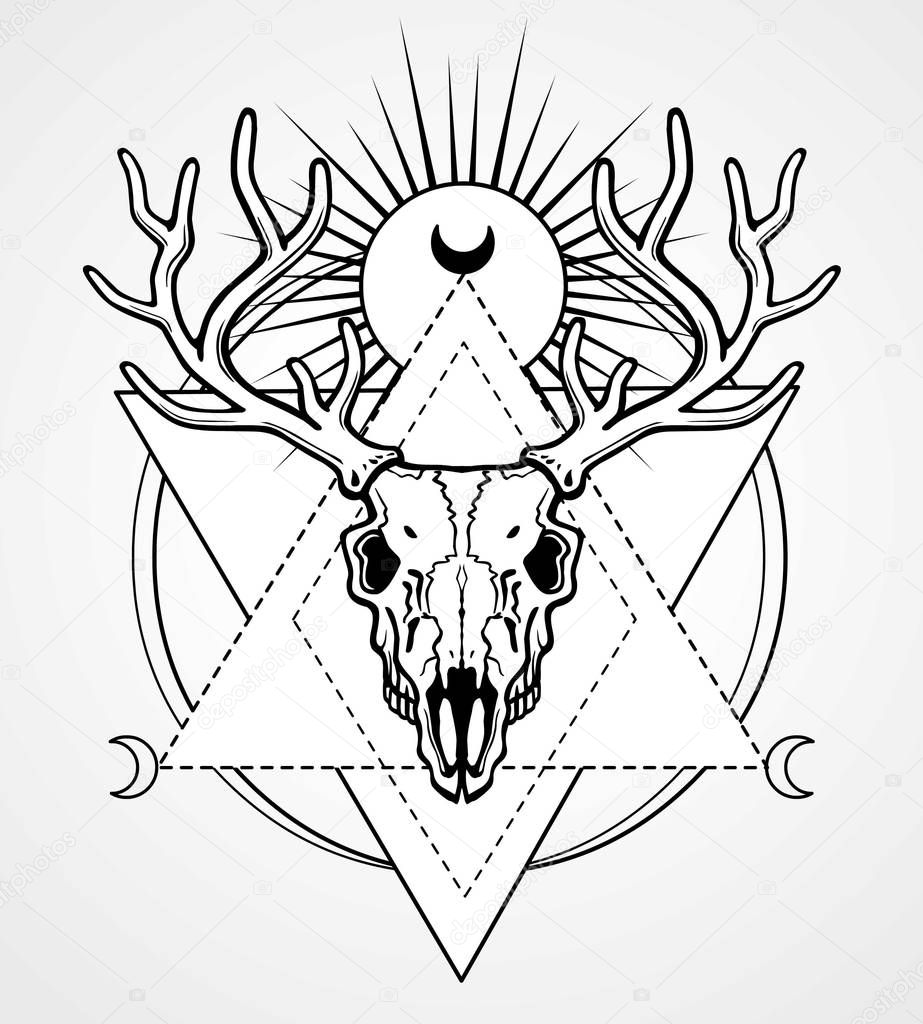 Mystical image of the  skull of a horned deer, sacred geometry, symbols of the moon. Black drawing isolated on a gray background. Vector illustration. Print, potser, t-shirt, card.