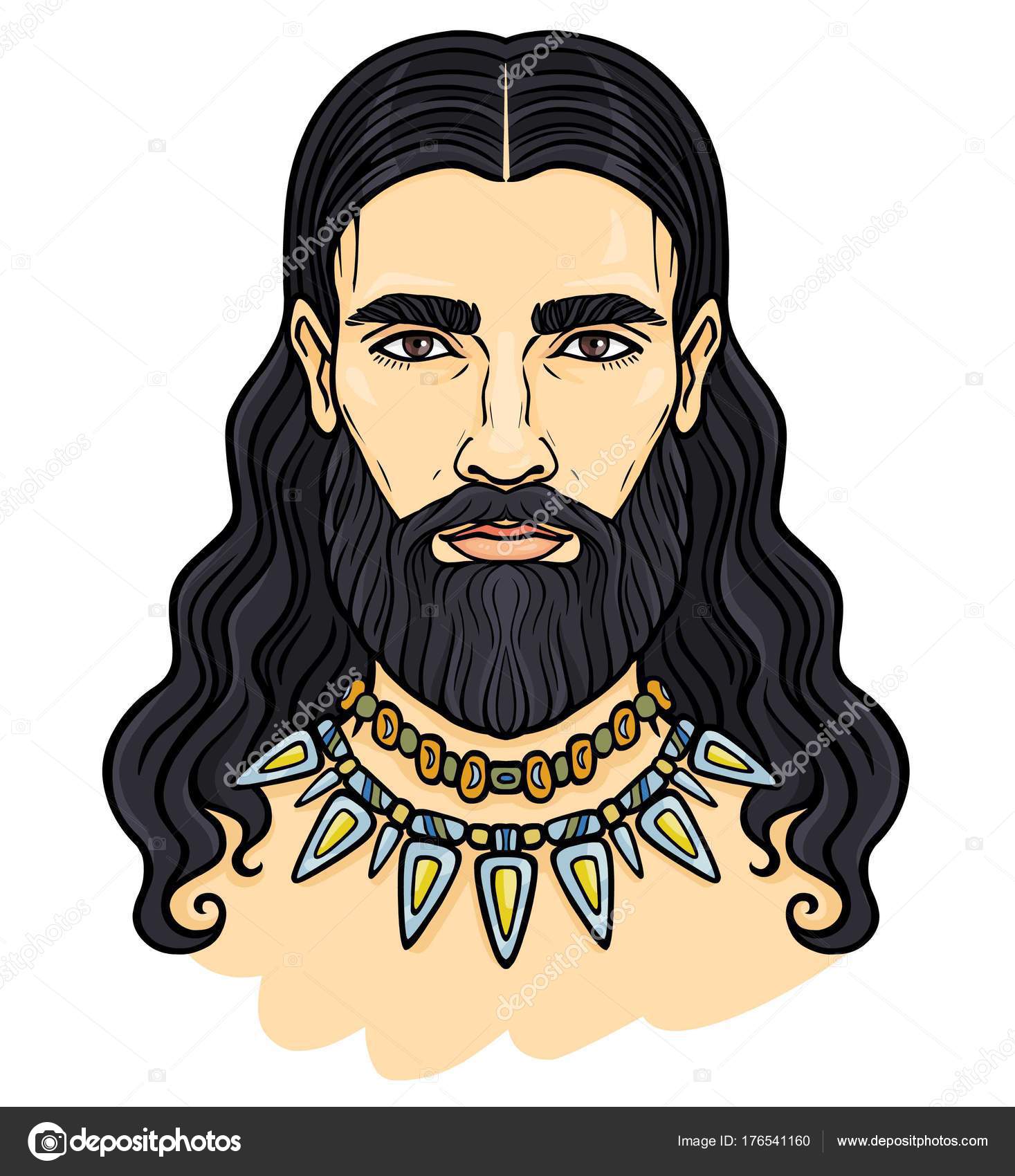 Animation Color Portrait Young Bearded Man Long Hair Ancient