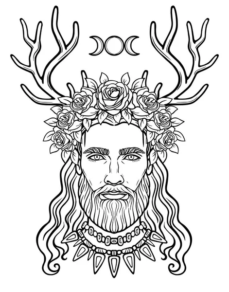 鹿の角と花輪で若い男の肖像画アニメーション 異教の神ケルヌンノス オカルト 神秘主義 白い背景で隔離のベクトル図 — ストックベクタ