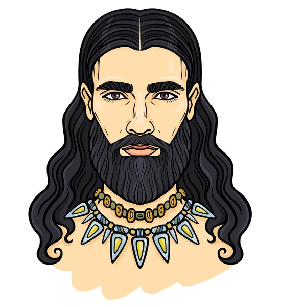 Animaci Barevný Portrét Mladý Vousatý Muž Dlouhými Vlasy Starověké Náhrdelník — Stockový vektor