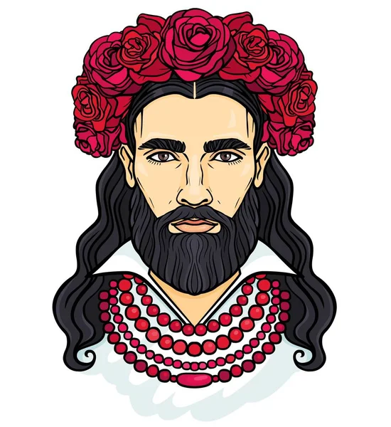 バラの花輪で長髪の若いひげを生やした男の肖像画アニメーション ベクター グラフィックは 白い背景で隔離 ポスター シャツ カード — ストックベクタ