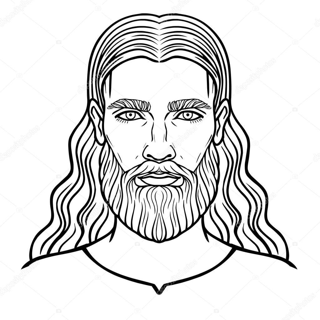 Animation portrait of the bearded man with long hair. Vector illustration isolated on a white background.