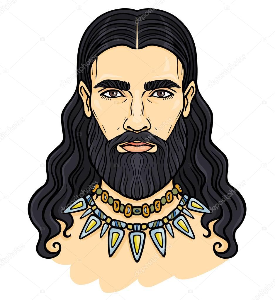 Animation color portrait of the young bearded man with long hair in an ancient necklace. Vector illustration isolated on a white background. Print, poster, t-shirt, card.