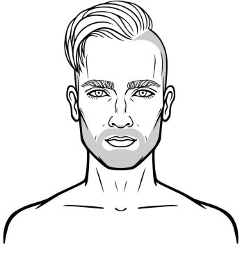 Animasyon şık bir saç modeli ile genç çekici sakallı adam portresi. Doğrusal çizim. Beyaz bir arka plan üzerinde izole vektör çizim.