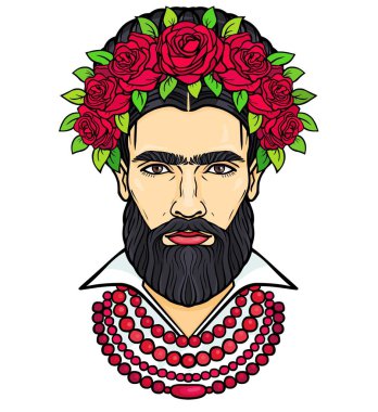 Animasyon boncuk ve gül çelenk sakallı adam portresi. Erkek ve dişi karıştırın. Beyaz bir arka plan üzerinde izole vektör çizim. Baskı, poster, tişört, kart.