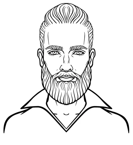 Анимационный Портрет Молодого Привлекательного Бородатого Мужчину Стильной Прической Линейный Рисунок — стоковый вектор