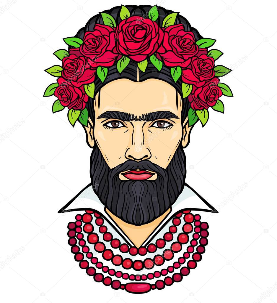 Animation portrait of the bearded man in beads and a wreath of roses. Mix men's and feminine. Vector illustration isolated on a white background. Print, poster, t-shirt, card.