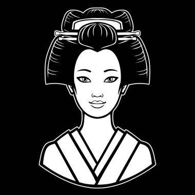 Animasyon antik bir saç modeli ile genç güzel Japon kız portresi. İzole bir siyah arka plan üzerine beyaz vektör çizim.