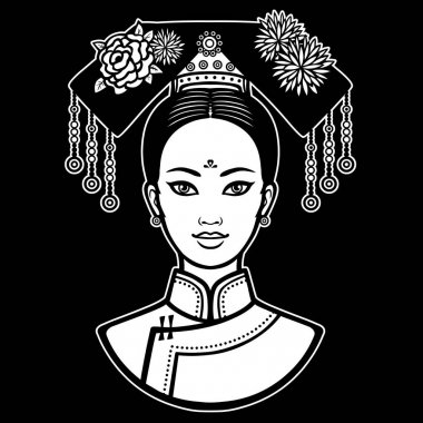 Animasyon antik bir saç modeli ile genç güzel Çinli kız portresi. İzole bir siyah arka plan üzerine beyaz vektör çizim.