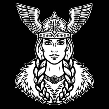 Güzel genç kadın Valkyrie animasyon portresi. Pagan tanrıçası, efsanevi karakter. Beyaz vektör illüstrasyon izole bir siyah arka plan üzerinde. Baskı, poster, tişört, kart.