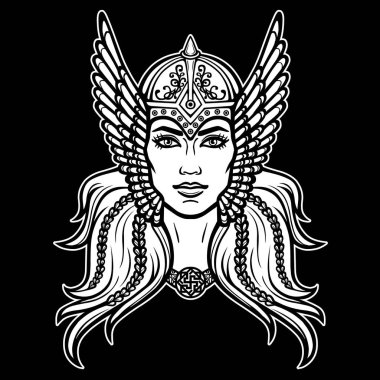 Güzel genç kadın Valkyrie animasyon portresi. Pagan tanrıçası, efsanevi karakter. Beyaz vektör illüstrasyon izole bir siyah arka plan üzerinde. Baskı, poster, tişört, kart.