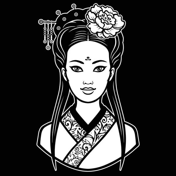 アニメーション古代ヘアスタイルで若い美しい中国の女の子の肖像画 黒の背景に分離された白いベクトル図 — ストックベクタ