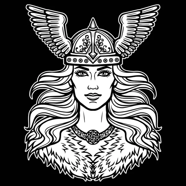 Animaci Portrét Krásné Mladé Ženy Valkyrie Pohanské Bohyně Mýtický Charakter — Stockový vektor