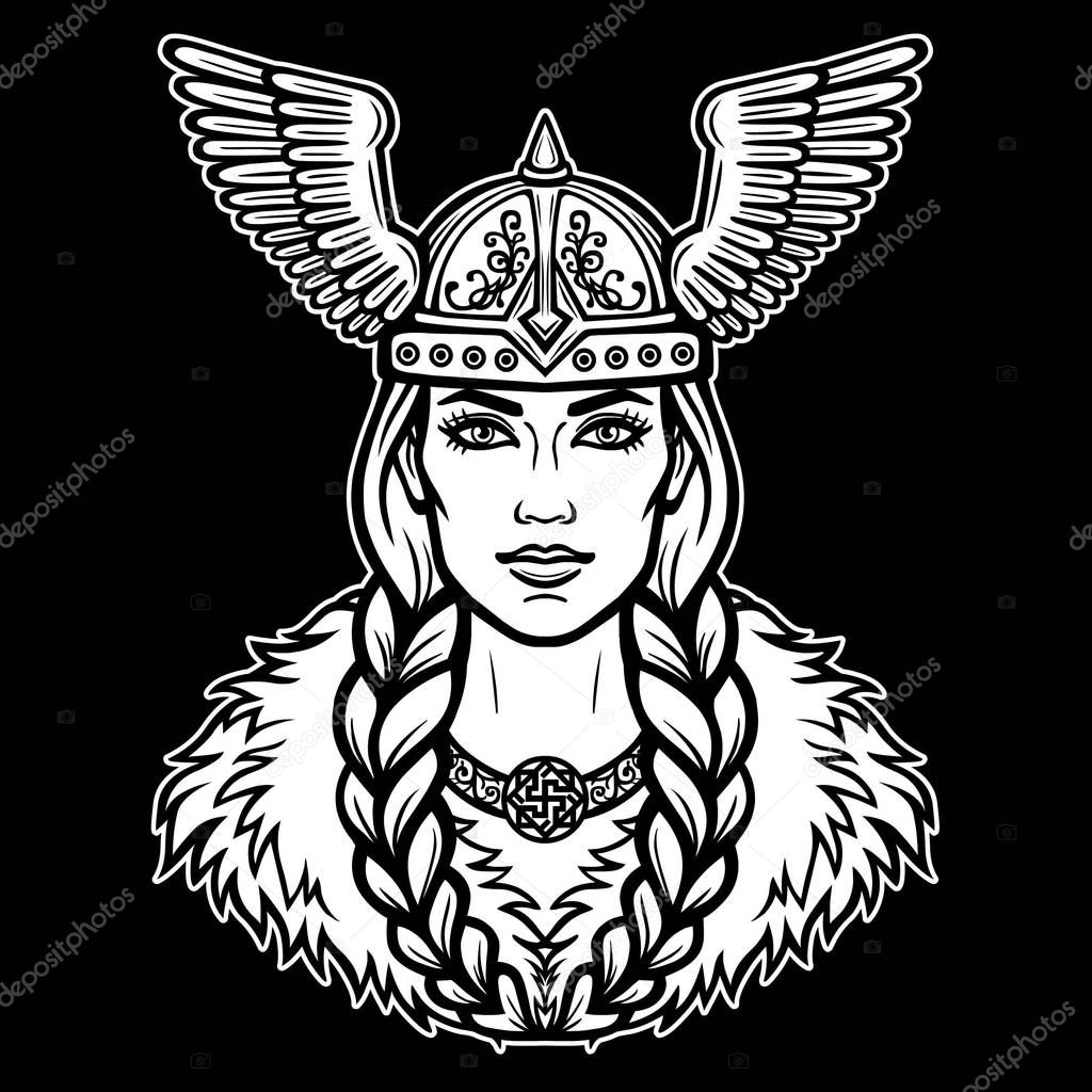Animation portrait of the beautiful young woman Valkyrie. Pagan goddess, mythical character. White vector illustration isolated on a black background. Print, poster, t-shirt, card.