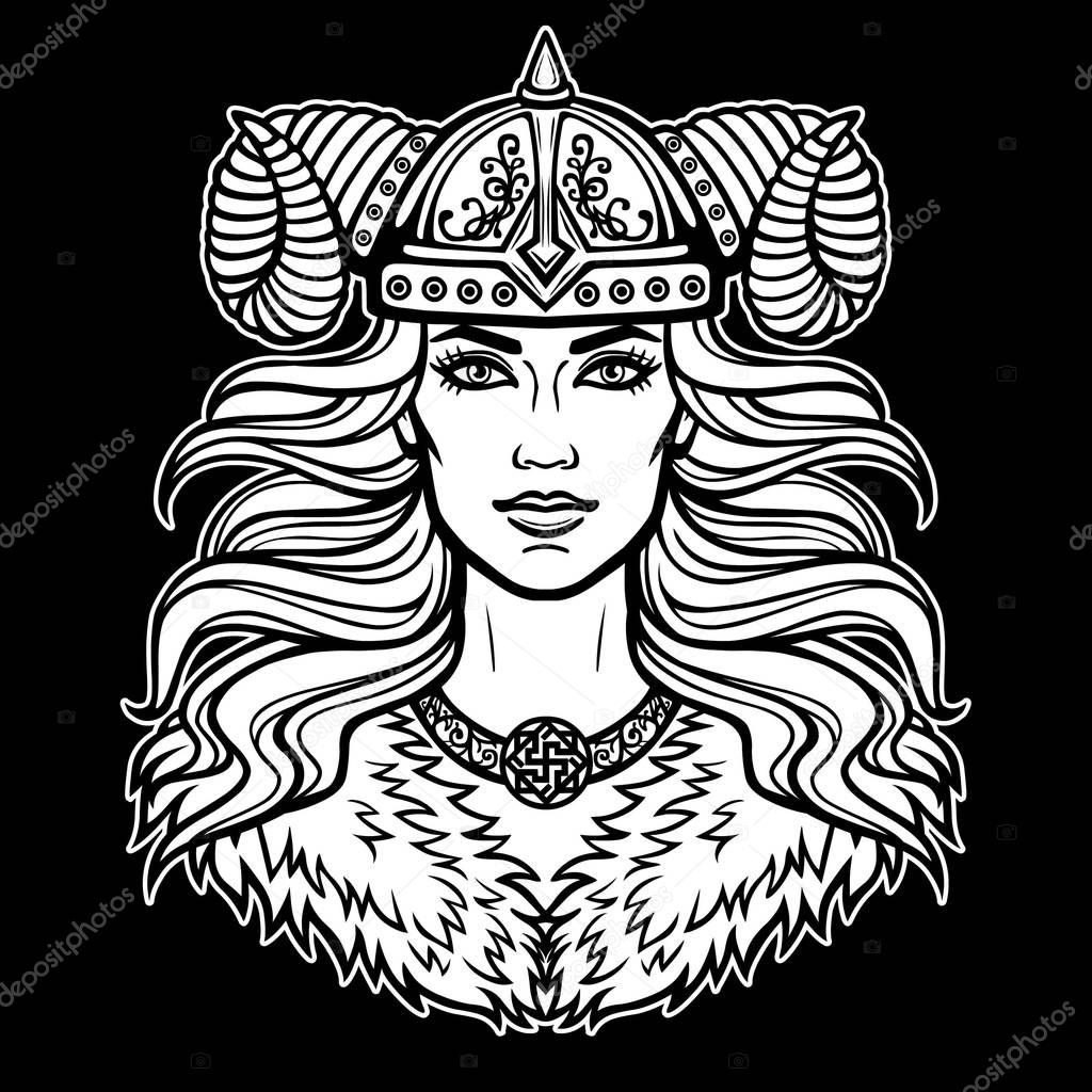 Animation portrait of the beautiful young woman Valkyrie. Pagan goddess, mythical character. White vector illustration isolated on a black background. Print, poster, t-shirt, card.