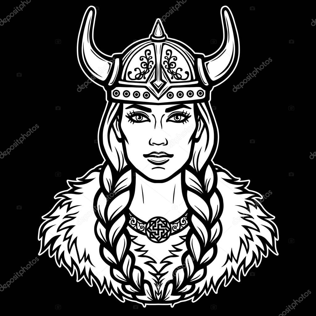 Animation portrait of the beautiful young woman Valkyrie. Pagan goddess, mythical character. White vector illustration isolated on a black background. Print, poster, t-shirt, card.