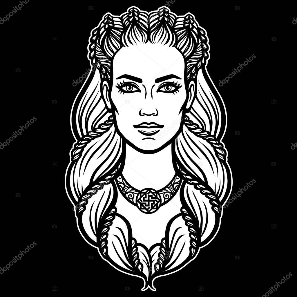 Animation portrait of the beautiful young woman Valkyrie. Pagan goddess, mythical character. White vector illustration isolated on a black background. Print, poster, t-shirt, card.