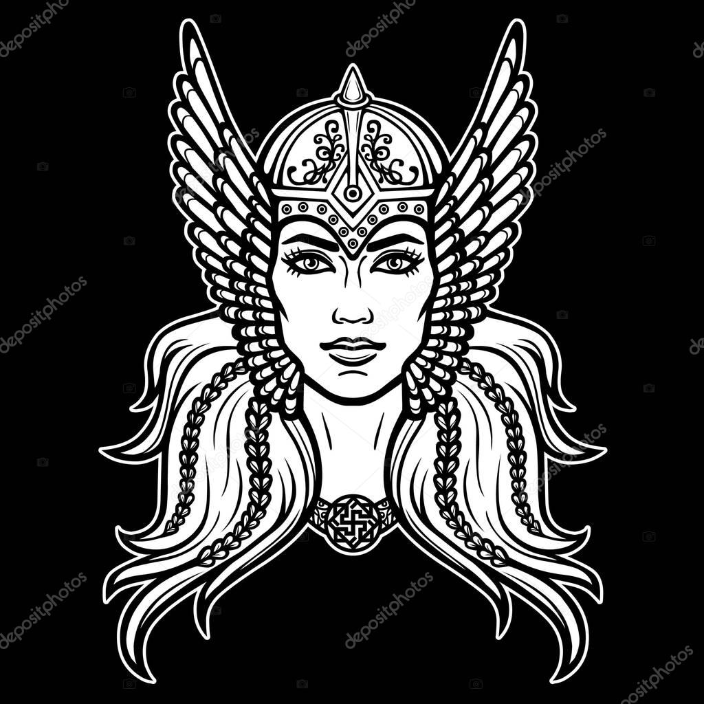 Animation portrait of the beautiful young woman Valkyrie. Pagan goddess, mythical character. White vector illustration isolated on a black background. Print, poster, t-shirt, card.