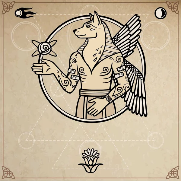 梦幻般的形象的一只翅膀的狗 神话人物 异教的人的神的身体 模仿旧纸 空间符号 矢量插图 — 图库矢量图片