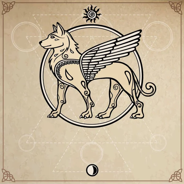 梦幻般的形象 有翅膀的狗 神话人物 异教的神 模仿旧纸 空间符号 矢量插图 — 图库矢量图片