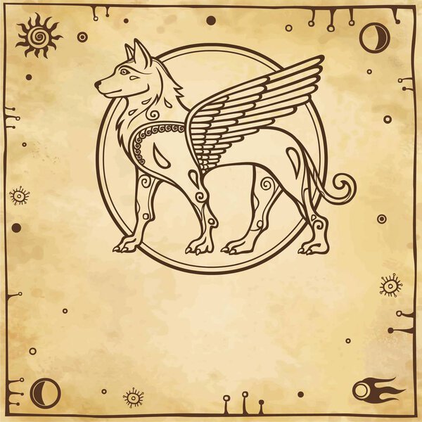 Fantastic image of a winged dog, mythological character, pagan god. Background - imitation of old paper, space symbols. vector illustration.