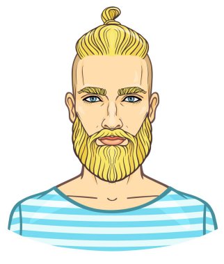Animasyon şık bir saç modeli ile genç çekici sakallı adam portresi. Beyaz bir arka plan üzerinde izole vektör çizim. Baskı, poster, tişört, kart.