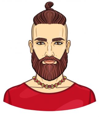 Animasyon şık bir saç modeli ile genç çekici sakallı adam portresi. Beyaz bir arka plan üzerinde izole vektör çizim. Baskı, poster, tişört, kart.